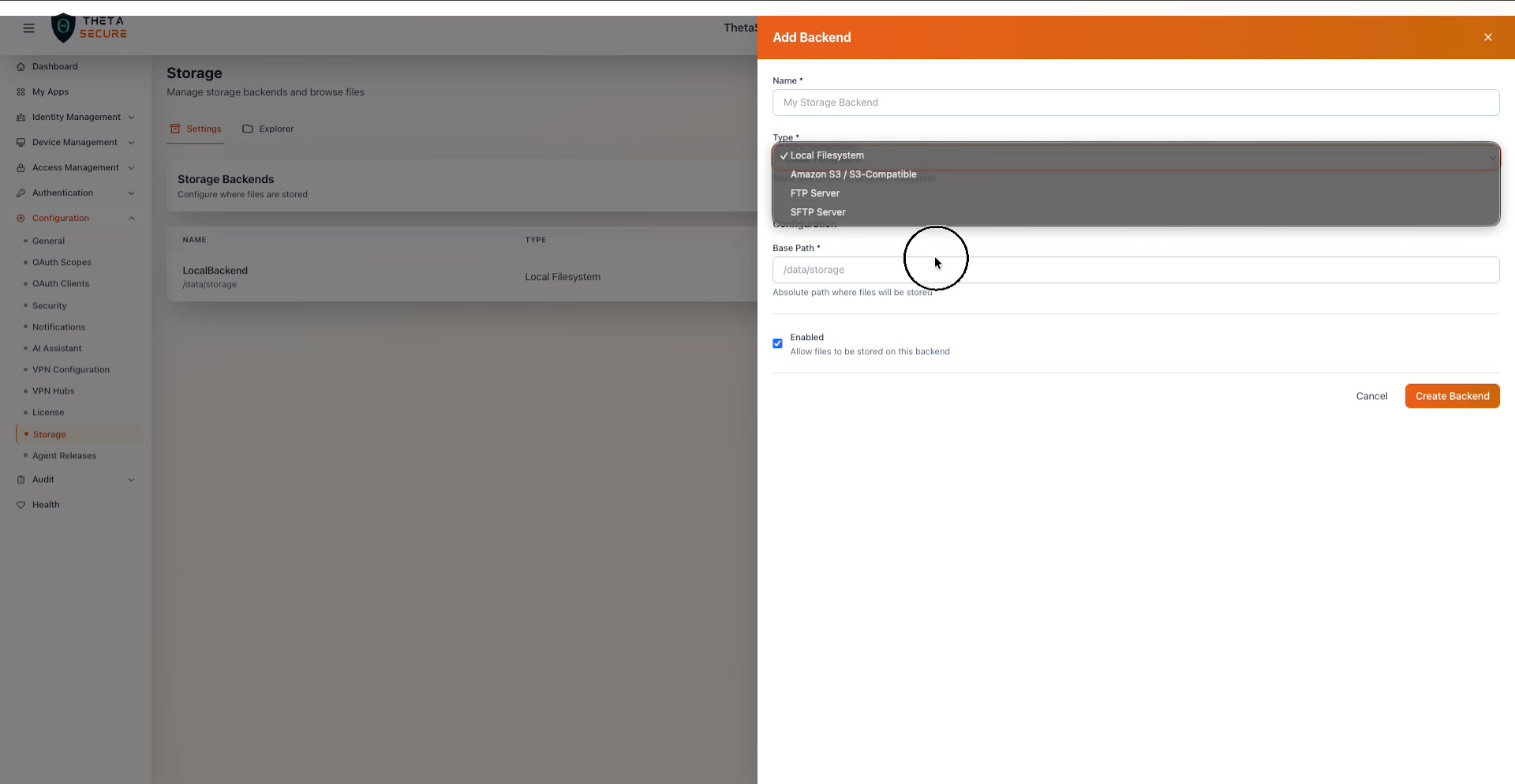Backend Type dropdown showing all four options