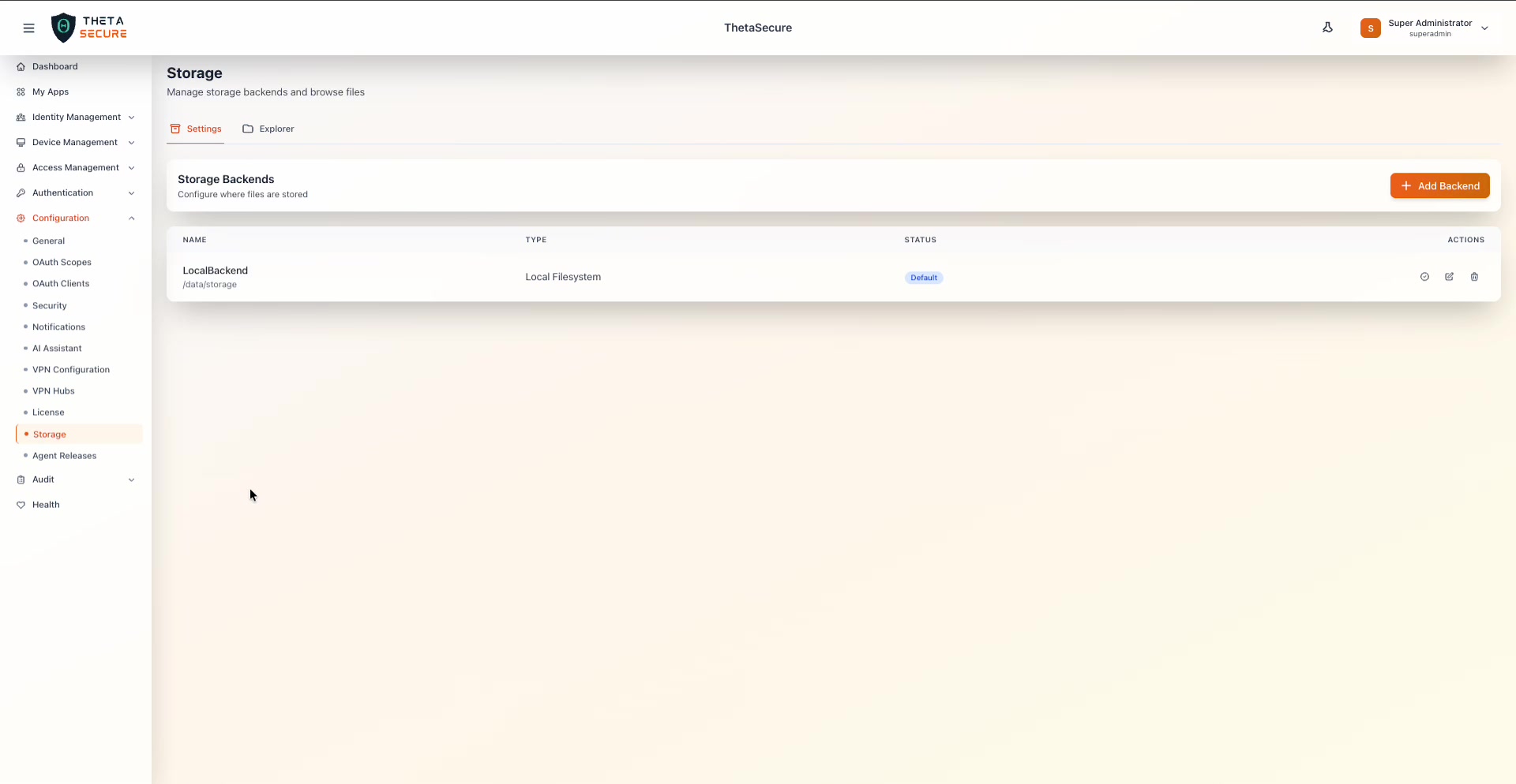 Storage Settings tab showing the Storage Backends table with one LocalBackend entry