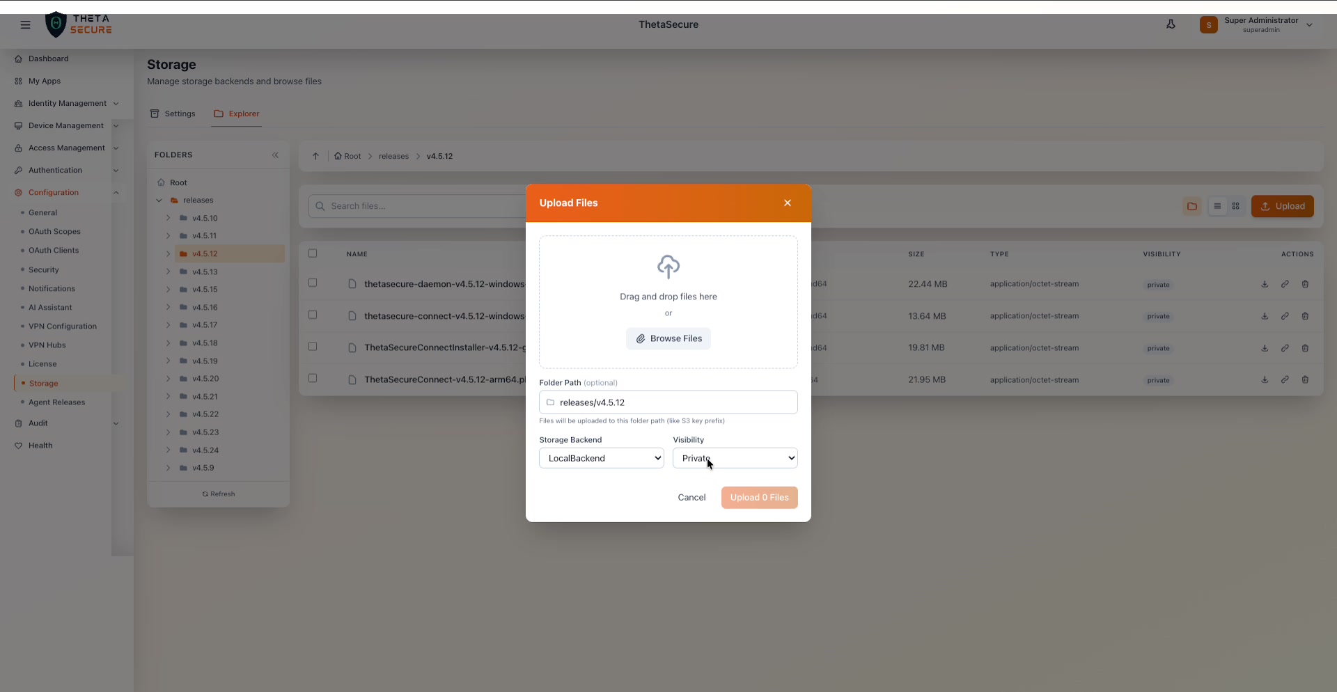 Upload Files dialog with drag-and-drop area and configuration options