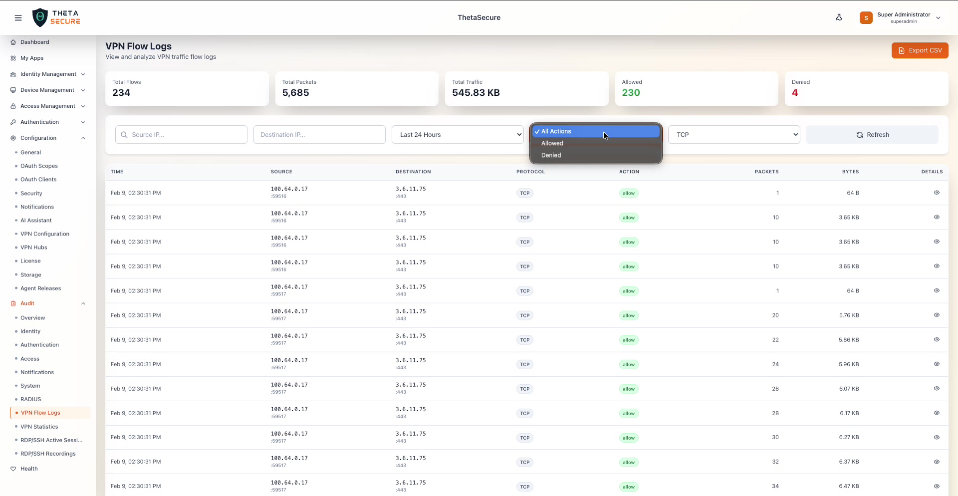 Actions filter dropdown showing All Actions, Allowed, and Denied options