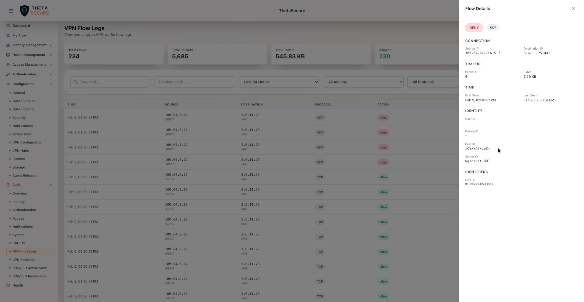 Flow Details panel showing connection, traffic, time, identity, and identifier sections