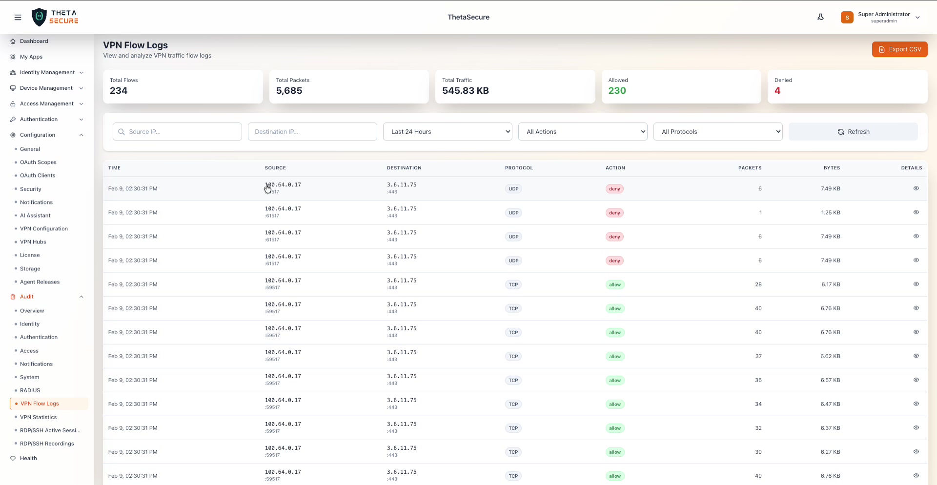 VPN Flow Logs page with summary cards, filter bar, and flow table